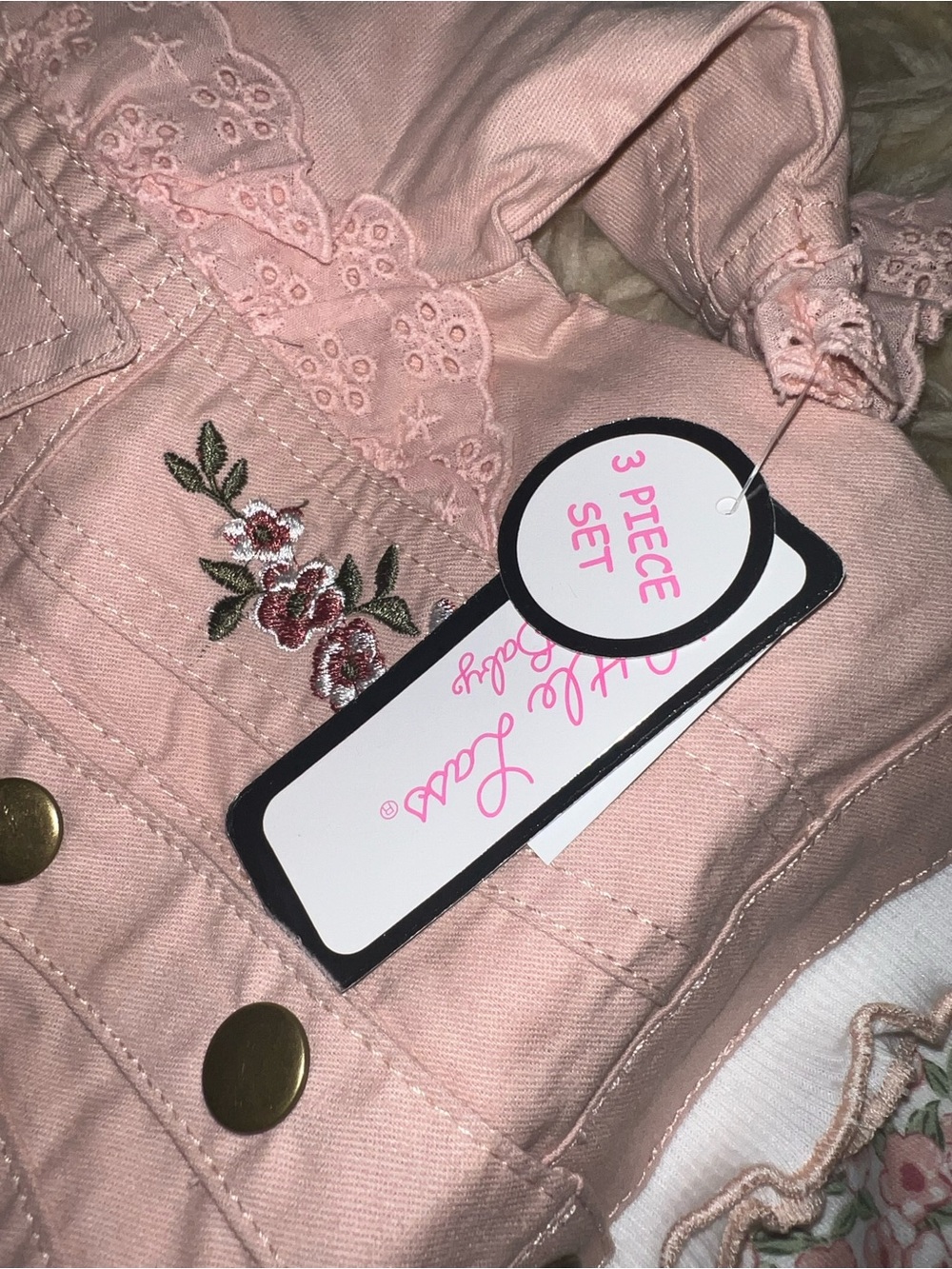 Little Lass Pink Embroidered Jacket 3-Piece Set - Picture 2 of 3
